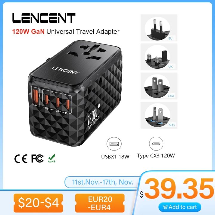 LENCENT 65W GaN Universal Travel Adapter with 2 USB Ports 3 Type C Fast  Charging Power Adapter EU/UK/USA/AUS plug for Travel