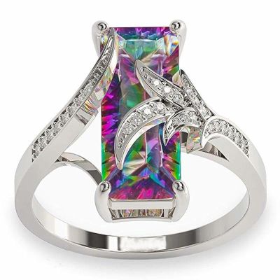 Exquisite Leaf Rainbow Rectangle Stones Cubic Zirconia Rings Fashion Silver Color Engagement Wedding Rings for Women Jewelry
