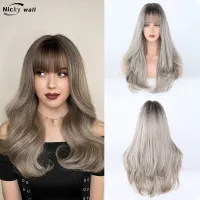 Beige Grey Long Wave Wigs with Bangs Cosplay Lolita Wig for Women Sweet Cool Synthetic Heat Resistant Daily Party Fake Hair Wig  Hair Extensions Pads