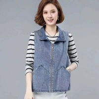 ร้อน, ร้อน★GSW222 Denim Jacket Womens 2021 New in spring and autumn large pocket sleeveless loose-fitting waistcoat all-matching loose short top fashion