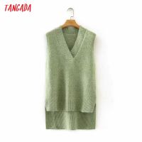 Tangada Women 2021 Fashion Oversized Green Long Vest Sweater V Neck Sleeveless Female Waistcoat Chic Tops 2X17