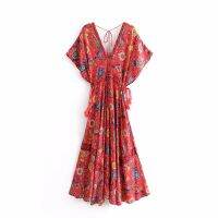 2021Vintage Chic women peacock Floral print bat sleeve beach Bohemian maxi dresses robe Ladies V-neck Tassel Summer Boho dress