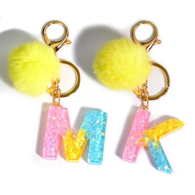 Color Gradient Initial Keychain With Yellow Pom Pom Ball Women Girls Sweet Bag Purse Charm A-Z 26 Letters Pendant With Key Ring Key Chains