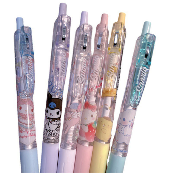 sanrio-พรีเมี่ยมหดกลับได้ปากกาหมึกเจล6ชิ้นบอลกลิ้งปากกาหมึกเจลสำหรับเด็กประถมอุปกรณ์สำหรับเด็ก