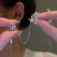 Elegant Rhinestone Butterfly Drop Earrings For Women Shiny Zircon Flower Long Chain Earrings Girls Wedding Party Jewelry Gifts