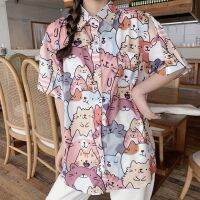 ۩◘ MINGLIUSILI Kawaii Button Up Shirt Fashion 2021 Summer Cat Print Blouse Women Short Sleeve Loose Casual Korean Style Clothing