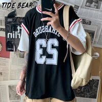 TIDE BEAR เสื้อยืดผู้ชายปลอมสองชิ้นแขนสั้นรูปบาสเกตบอลเครื่องแบบระบายอากาศและสะดวกสบาย