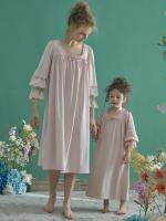 【YF】 Vintage Princess Soft Cotton Half Sleeve Parent-child Matching Nightgowns Spring Autumn Sweet Kids Lace Sleepwear