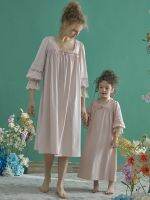 【YF】 Vintage Princess Soft Cotton Half Sleeve Parent-child Matching Nightgowns Spring Autumn Sweet Kids Lace Sleepwear