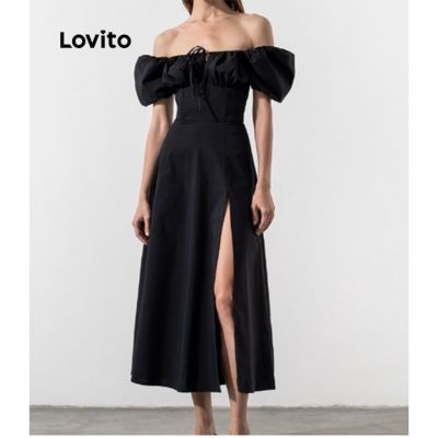 Lovito เดรสแขนพอง แบบผ่า ผูกเชือก สีพื้น หรูหรา สำหรับผู้หญิง LNL01076 (สีดำ)