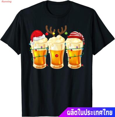 Running เสื้อยืดลำลอง Christmas Beer Mug Santa Lights Reindeer ELF Funny Gifts T-Shirt Sports T-shirtTEE