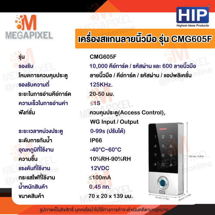 hip-เครื่องสแกนลายนิ้วมือ-ทาบบัตร-ควบคุมประตู-รุ่น-cmg605f-เชื่อมต่อผ่าน-wifi-สั่งการผ่านแอป-ได้-hip-iot-access-control-fingerscan