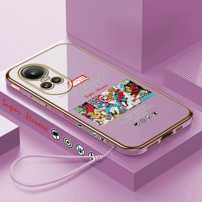 GGK เคสลายการ์ตูนฟรีสายคล้องสำหรับ OPPO Reno10 Pro 5G,เคสลายขอบสี่เหลี่ยมซูเปอร์ฮีโร่อเวนเจอร์เคสโทรศัพท์สไปเดอร์แมนกัปตันอเมริกาไอรอนแมนท๊อร์ชุบหรูหราเคสโทรศัพท์นิ่ม