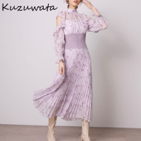 Kuzuwata Autumn New Vestidos Stand Collar Off Shoulder Flying Sleeves Threaded Slim Waist Pleated Print Dresses Sweet Women Robe