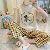 Cartoon Winnie the Pooh Kawaii Pajama Sets Ladies Summer Short Sleeve Tshirt Plaid Pants Sleepwear Women Pizama Damska