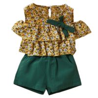 Kids Clothes Set Summer Style Girls Children Print Chiffon Off Shoulder Shirt +Pocket Shorts Two Piece Sets Kids Casual Clothes Sets