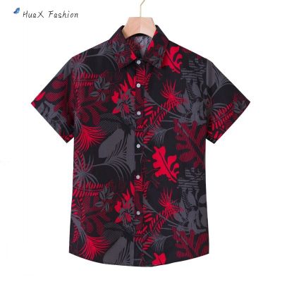 HuaX Women Men Beach T-Shirt Trendy Hawaii Printing Lapel Short Sleeves Casual Couple Top Shirt