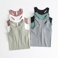 Logo Printed Racerback Yoga Tank Tops Women Fitness Sleeveless Cami Top Sports Shirt Slim Ribbed Running Gym Shirts Built In Bra