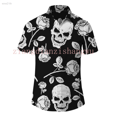 2023 Casual Short Sleeved Shirt with Skull Print, Suitable for Beach Walks, Summer Fashion, Hawaiian Style, Mens Unisex