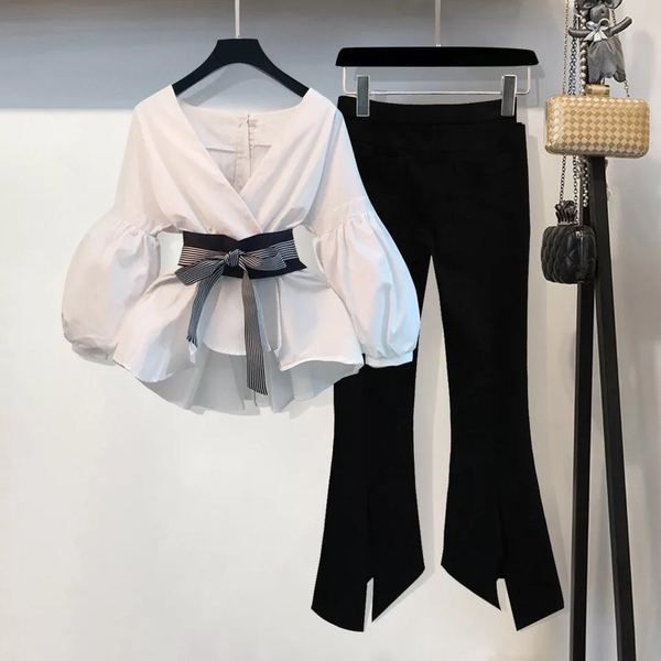 Elegant OL Work wear 2 Pieces set 2019 Spring New Puff Sleeve Bow Tie up Striped Blouse and Split Flares pant Suit S-3XL