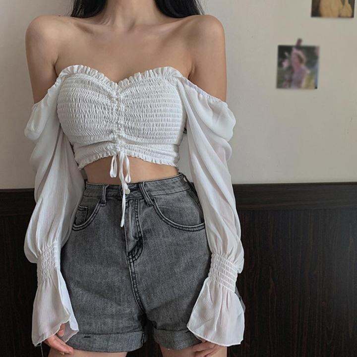 women-square-collar-y-pleated-drawstring-long-sleeves-crop-blouse