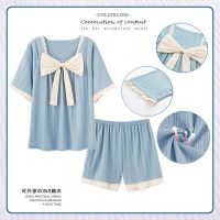 CODpz119nb Pajamas Womens Summer Thin Set Short Sleeve Shorts Bowknot Cute Girl Fresh Princess Style Pajamas Home Wear睡衣女夏季薄款套装短袖短裤蝴蝶结可爱少女清新公主风睡衣家居服