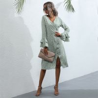 Fashion Autumn Dresses for Women Long Sleeve Floral Frocks Side Slit Office Dress