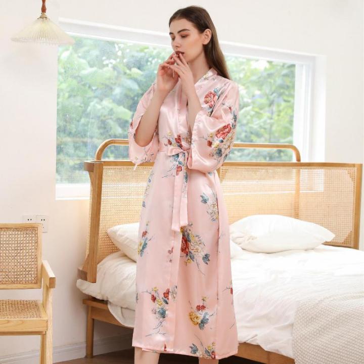 satin-long-robe-women-flower-bathrobe-gown-silky-nightgown-three-quarter-sleeve-kimono-gown-casual-sleepwear-home-clothing