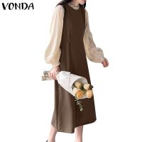 VONDA Women Casual Korean Long Sleeve Patchwork Pleated Tunic Long Dress