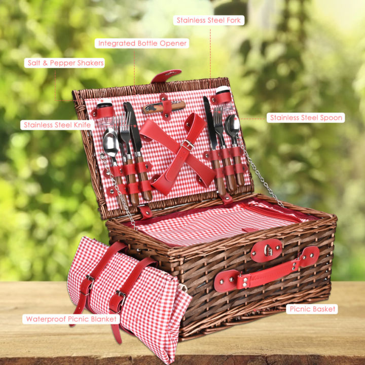 Picnic Basket Set，Handmade Wicker Picnic Basket for 4 Person with