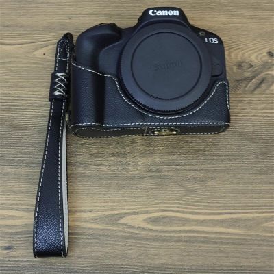 กระเป๋าเคสใส่กล้องสำหรับ Canon EOS R50 R50 PU ชุดบอดี้ครึ่งตัวหนังสายรัดข้อมือมีที่เปิดแบตเตอรี