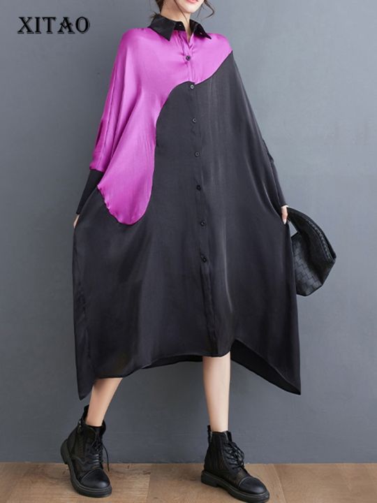 xitao-dress-loose-irregular-contrast-color-patchwork-shirt-dress