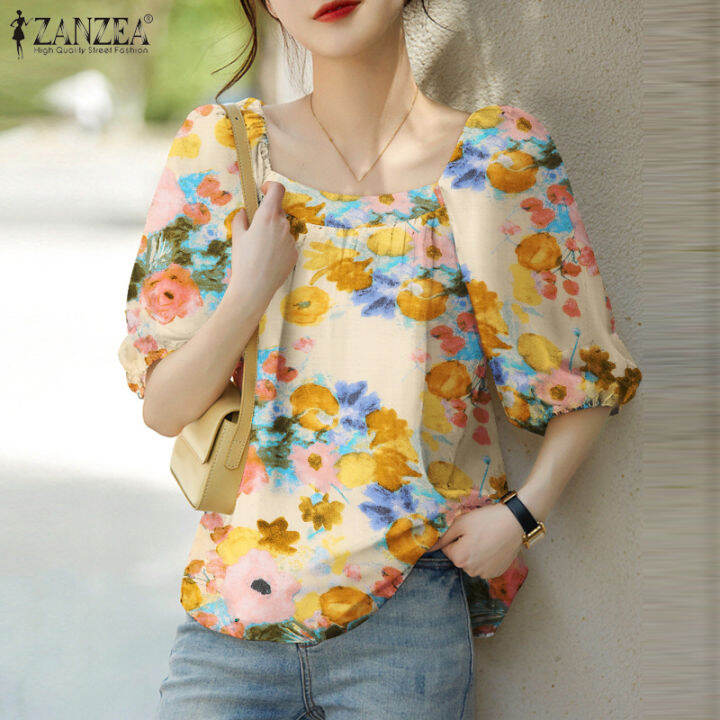 Zanzea Korean Style Womens Blouse Casual Floral Printed Tops Puff Sleeve Square Collar Shirt 1259