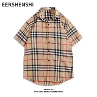 EERSHENSHI เสื้อเชิ้ตแขนลำลองขาสั้นสีตัดกันสำหรับผู้ชาย เสื้อเชิ้ตลายสก๊อตผ้าฝ้ายเข้ารูปเข้ากับทุกชุด