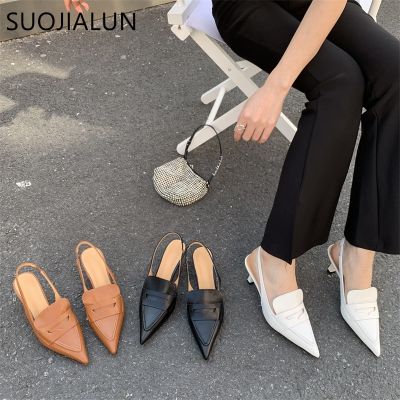 SUOJIALUN 2023 Sp ยี่ห้อใหม่ผู้หญิงแฟชั่นปลายแหลมสลิปบนรองเท้ามูลส์ชุดส้นสูงบางรองเท้าผู้หญิงสายด้านหลัง