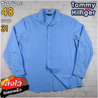 Tommy Hilfiger®แท้ อก 48 เสื้อเชิ้ตผู้ชาย ทอมมี่ ฮิลฟิกเกอร์ สีฟ้า เสื้อแขนยาว เนื้อผ้าดี