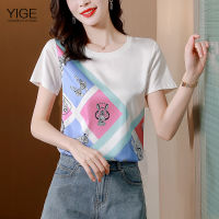 YIGE เสื้อยืดสตรีสีขาวลำลองสไตล์เกาหลี,เสื้อทรงสั้นผ้าไหมมัลเบอร์รีรุ่นใหม่ฤดูร้อนปี2022