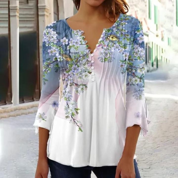 เสื้อยืดแขนยาวคอวีสำหรับผู้หญิง-เสื้อเบลาส์หลวมพิมพ์ลายดอกไม้ใส่สบายเสื้อเชิ้ตลำลองฤดูร้อน2023-s-5xl