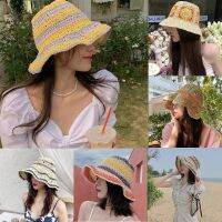 【YD】 Handwoven flower straw hat sunshade Womens vintage beach foldable sunscreen large brim bucket