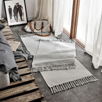 Nordic Rug Gray Cotton Tassel Woven Carpet Bedroom Bedside Mat Hand Knotted Rug Living Room Carpet Scandinavia