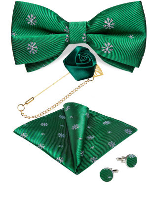 สีเขียว Christmas Party Men Pre-Tied Bowtie เข็มกลัด Pocket Sauare Cufflinks สำหรับบุรุษคลาสสิก Snowflake Christmas Tree เนคไทชุด