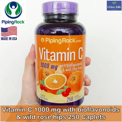 วิตามินซี Vitamin C 1000mg with Bioflavonoids &amp; Rose Hips 250 Coated Caplets - PipingRock แบบเม็ดเคี้ยว Piping Rock