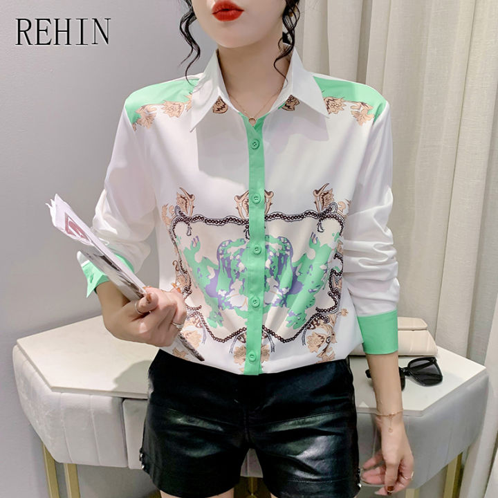 rehin-ของผู้หญิงฤดูใบไม้ร่วงและฤดูหนาวแฟชั่นใหม่พิมพ์เสื้อแขนยาวที่ไม่ซ้ำกันพิมพ์ซอกหลวมปกเสื้อที่สง่างาม