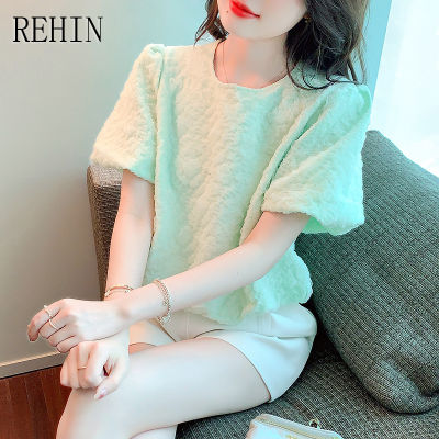 REHIN เสื้อแขนสั้นสำหรับผู้หญิง,เสื้อแขนสั้นคอกลมแขนพองดีไซน์สไตล์เกาหลีแบบใหม่ฤดูร้อน