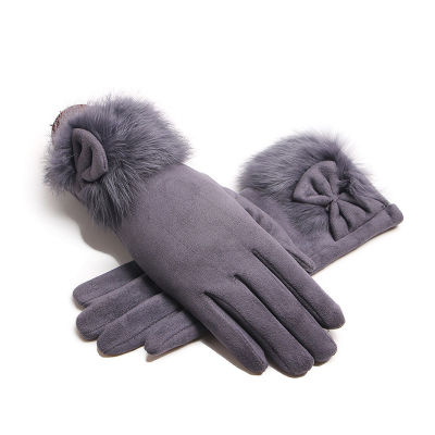 Winter Female Suede Leather Bow Plush Wrist Mitten Women Thick Plus Plush Windproof Warm Touch Screen Driving s J22