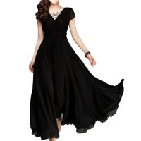 huahankuang® Bohemian Women Solid Color Short Sleeve V Neck Tight Waist Maxi Evening Dress