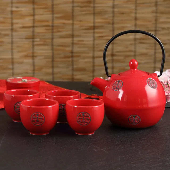 Japanese Style Porcelain Kung Fu Tea Set Set Wedding Gift Korean Tea Cup Herbal Tea Set Red