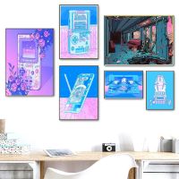 80s Vaporwave สไตล์โปสเตอร์เกมจับอะนิเมะโปสเตอร์ Neon Blue Girl ภาพวาด Wall Art ตกแต่ง Kawaii Room Decor โปสเตอร์ผ้าใบ