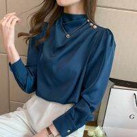 2021 Summer Fall OL Women Satin Blouses Long Puff Sleeve Stand Metal Buttons Shirt Casual Turtleneck Solid Color Chiffon Tops