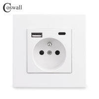 COSWALL French Polish Standard Wall Power Socket Grounded USB Type A &amp; Type-C Charge Port PC Panel White E20 Series